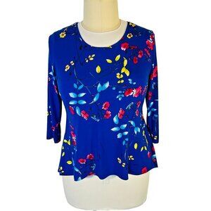 Susan Graver - Women's M Tunic Top Blue Floral 3/4 Sleeve Scoop Neck Hi-Lo Hem